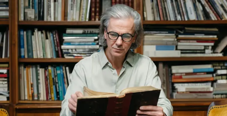 Older man with gray hair and glasses reading a large book in front of bookshelves filled with books.