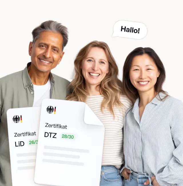 Three diverse smiling adults holding German language certificates labeled Zertifikat LiD and DTZ with scores, one saying Hallo.