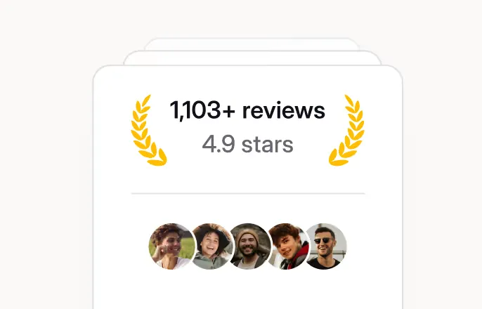 1,103+ reviews with a 4.9-star rating displayed above five circular profile photos of diverse smiling people.
