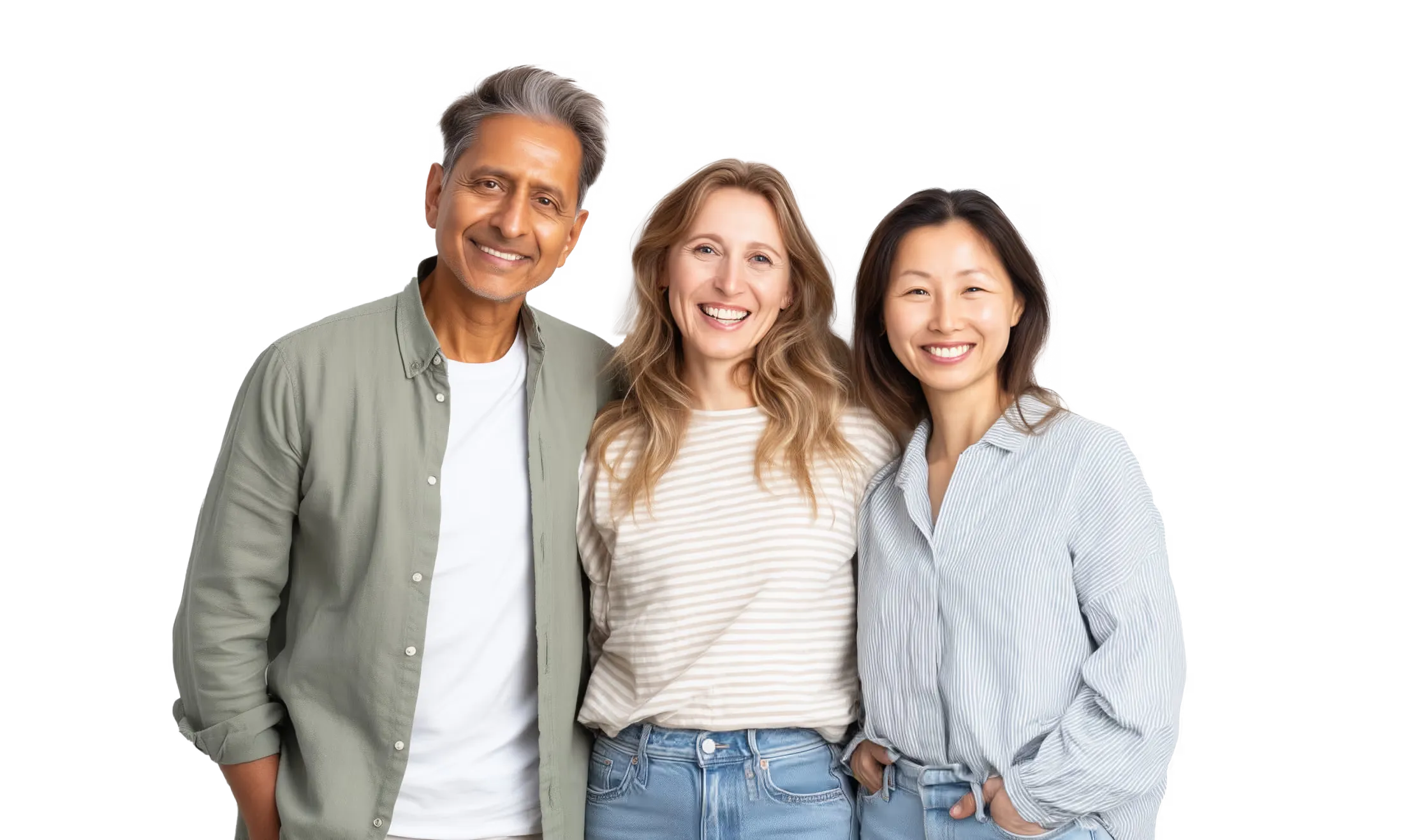 Three smiling people standing close together against a black background, wearing casual shirts and jeans.
