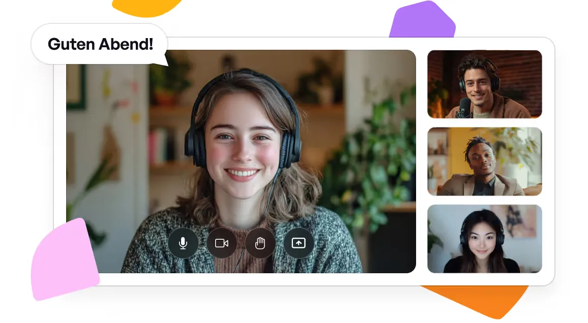 Video call screen with a smiling woman wearing headphones and three smaller thumbnails of other participants, with a 'Guten Abend!' greeting in a speech bubble.